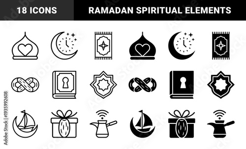 Islamic lifestyle and spiritual symbols featuring hybrid cultural concepts such as prayer rug geometry moon clock mosque heart and gift box date