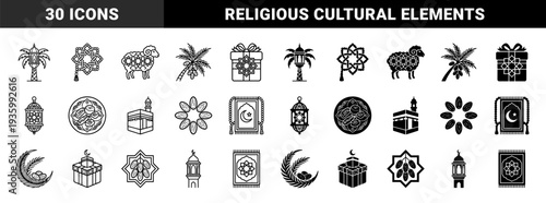 Islamic religious symbols and cultural elements featuring geometric patterns merged with traditional lanterns mosque architecture and holiday sacrifice animals