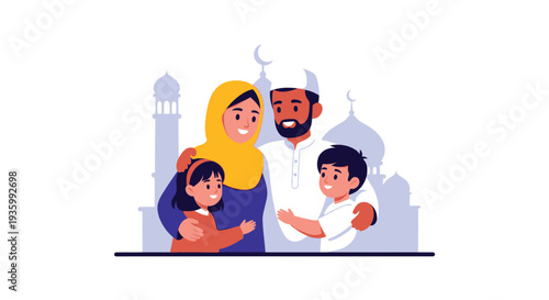 A happy Muslim family standing together in front of a mosque with a crescent moon