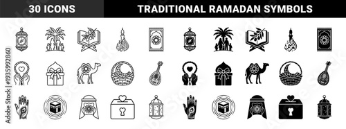 Islamic cultural symbols featuring hybrid design elements like compass lanterns and geometric camels in linear and solid styles for ramadan and eid