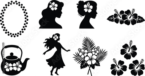 Hawaiian hula dancer silhouette set, tropical hibiscus flowers and palm leaves, woman profile with floral hair accessory, aloha summer graphics.