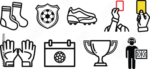 Soccer and Football Sport Outline Icon Set – Ball, Boots, Goal, Trophy and Game Equipment Linear Vector Collection