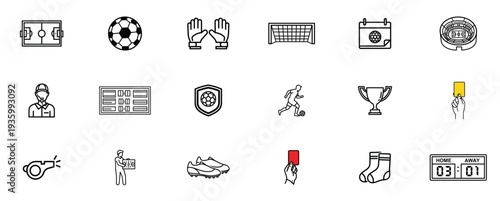 soccer icons, football icon set, soccer ball, football boots, goal post, sport trophy, game equipment, outline vector, football sport, soccer player, sports competition, team sport, stadium game, cham