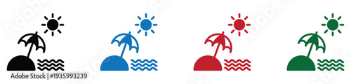 Four seasonal weather icons set with sun, rain, snow, and palm tree on waves vector illustration