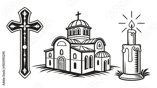 Black and white religious with cross church and candle religious black and white