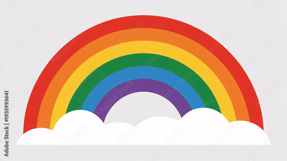 Naklejka premium A vibrant, colorful rainbow arching over fluffy white clouds in a cheerful graphic illustration style.