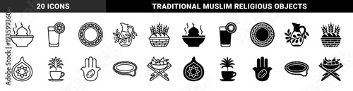 Islamic Ramadan symbols featuring hybrid designs of mosque dome soup bowls and hamsa hand dates in dual outline and solid minimalist style