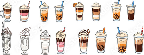 Collection of coffee milkshake bubble tea and latte drinks vector icon set with cafe beverages dessert glasses and takeaway cups