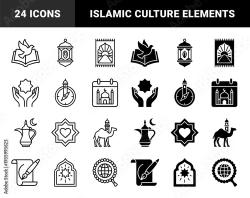 Islamic heritage symbol collection featuring hybrid motifs like mosque calendars and qibla compasses in dual outline and solid minimalist style