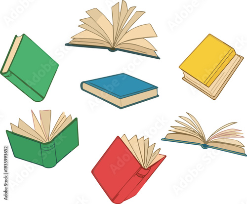 Collection of open and closed books flat vector icon set for education reading library literature study and learning illustration