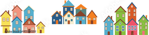Colorful neighborhood houses flat vector illustration set with cute residential buildings for real estate property architecture design