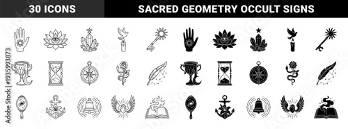 Mystical celestial hybrid symbols featuring occult alchemy elements like sun hand lotus eye hourglass and floral moon ornaments in linear and solid styles