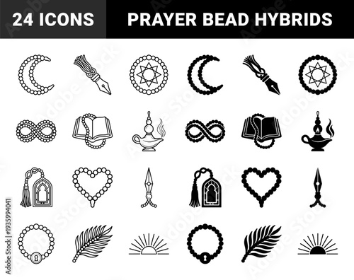 Hybrid religious and literary symbols combining prayer beads with crescent moon book nib pen heart and palm leaf in outline and solid styles