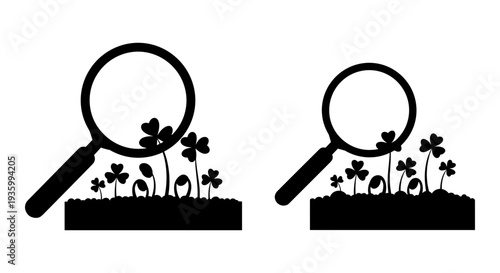 Set of 2 Magnifying Glass Searching for Four Leaf Clovers Vector Icons