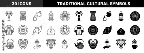 Symmetry based arabic cultural emblems merging date palm trees with minaret towers tea glasses with leaves and crescent moon motifs in linear and solid styles