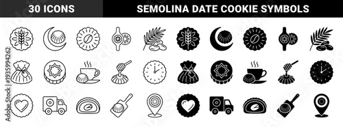 Maamoul and Middle Eastern pastry hybrid design elements featuring traditional semolina cookies merged with crescent moon clock heart and delivery truck symbols