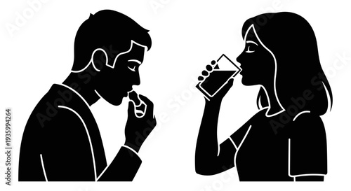 Man taking pill and woman drinking water vector illustration