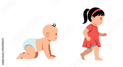 Baby crawling and toddler walking vector illustration
