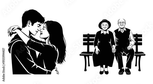 Young couple embracing and old couple sitting on bench vector illustration set