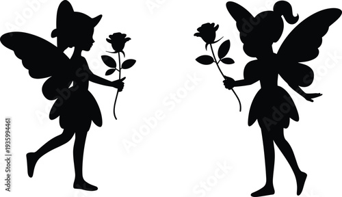 Black silhouette vector illustration of two cute little magical fairies with beautiful wings holding a rose flower facing each other on a white background.