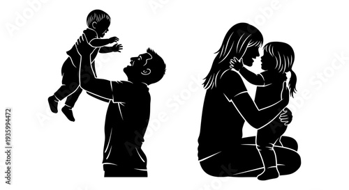 Set of 2 black silhouette parent and child vector illustrations