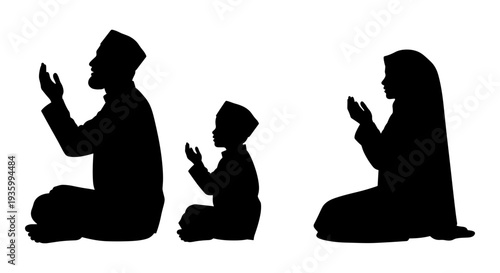 Muslim Family Praying Silhouette Vector