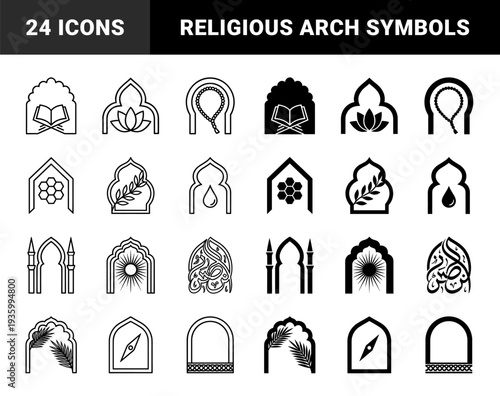 Islamic arch frames combined with symbolic elements like quran book lotus flower honey comb prayer beads and mosque minaret in line and solid style
