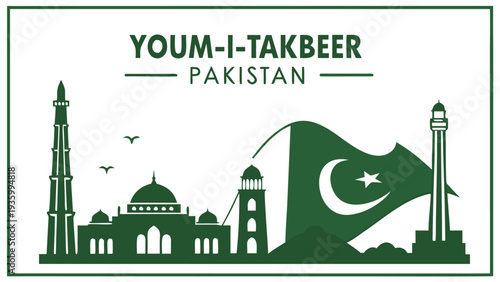 Youm i Takbeer Pakistan concept with mosque and minarets under a waving flag Youm-i-Takbeer