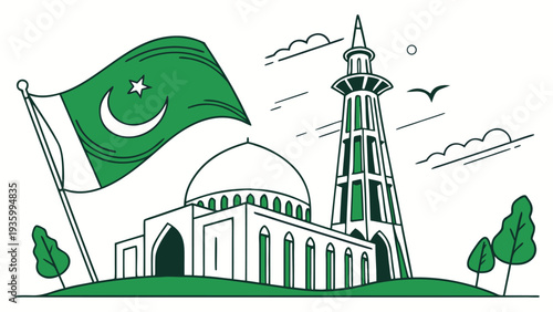 Pakistan mosque with flag and minaret green