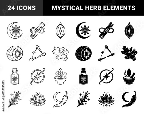 Mystical Spice and Herb Hybrid Symbols Featuring Cinnamon Infinity Knots Star Anise Moons and Botanical Alchemy Elements in Linear and Solid Styles