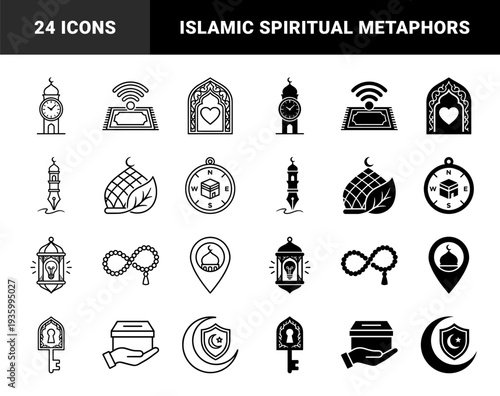 Islamic religious symbols merged with modern conceptual metaphors featuring mosque clock towers wifi prayer rugs and qibla compass navigation