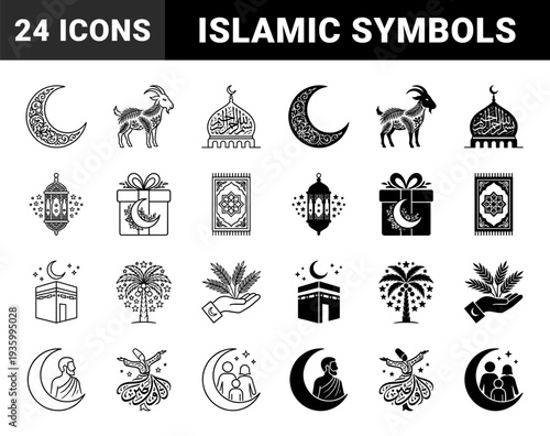 Islamic cultural symbol set featuring dual outline and solid versions of moon crescent mosque kaaba lantern and ram with intricate arabesque patterns