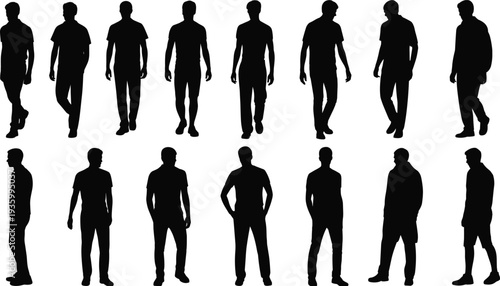 Silhouette of men standing and walking set, male figures in various poses, casual urban people collection for architectural visualization and design.
