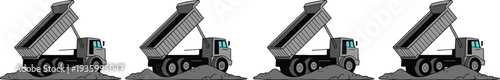 Dump truck unloading soil vector set, heavy industrial tipper lorry in action, construction vehicle transporting sand and gravel illustration.