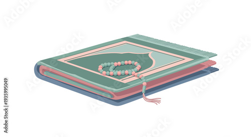 A colorful illustration of a book with a rosary on top, set against a white background.