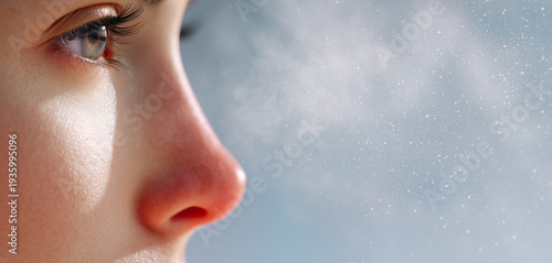 Close up side profile of woman sneezing from allergy with pollen particles in air