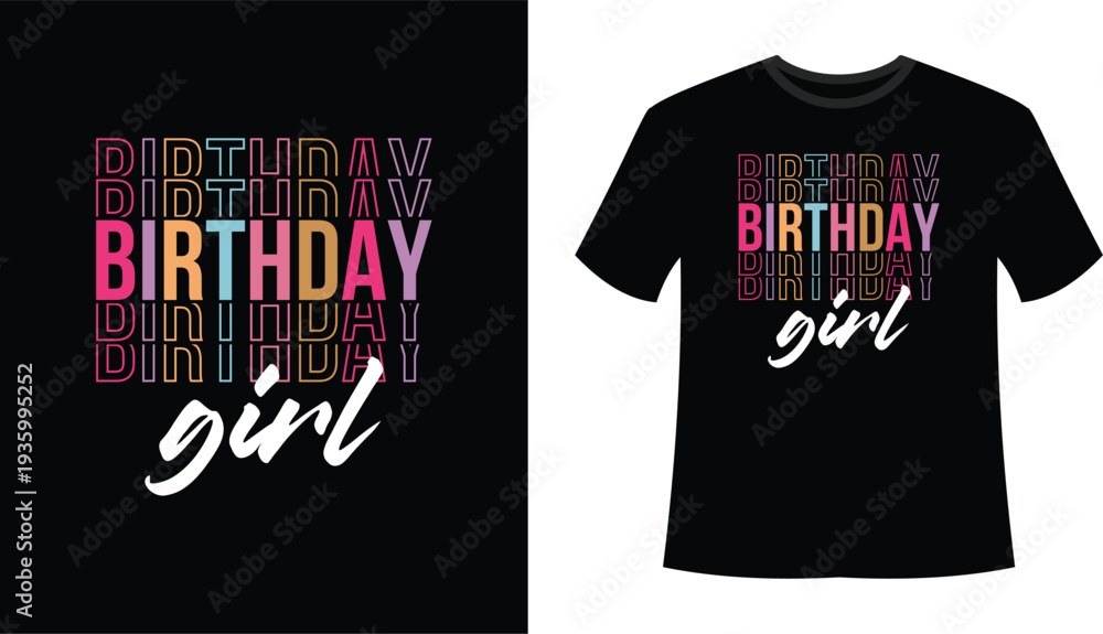 Fototapeta premium Happy birthday girl t-shirt design with vibrant pink and purple text Vector, illustration