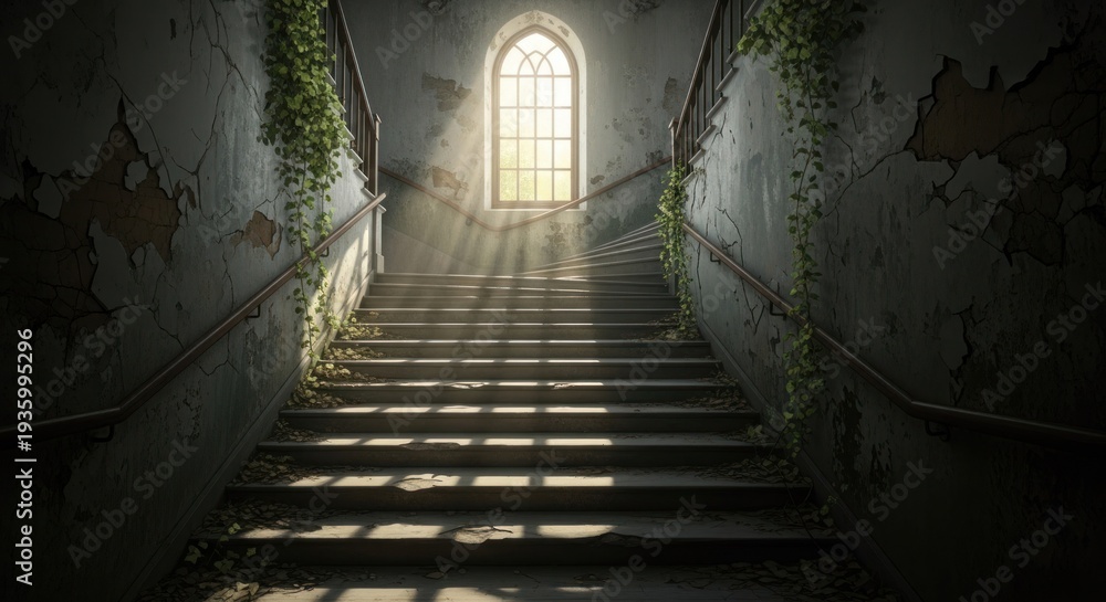 Fototapeta premium Staircase ascends to sunlit arched window; crumbling walls, creeping vines, abandoned