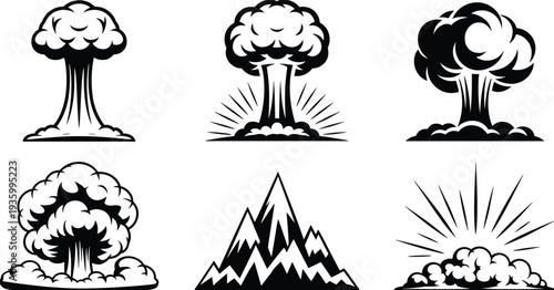 Mushroom cloud explosion and mountain silhouette vector set, nuclear blast icons, atomic bomb smoke, volcanic eruption, and mountain landscape illustration.