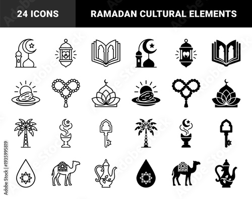 Islamic culture hybrid symbol collection featuring mosque crescent moon lantern prayer bead and palm tree silhouette in outline and solid style