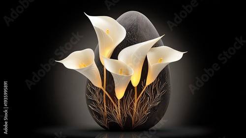Illuminated white flowers emerge from a dark, egg-shaped form against a black background