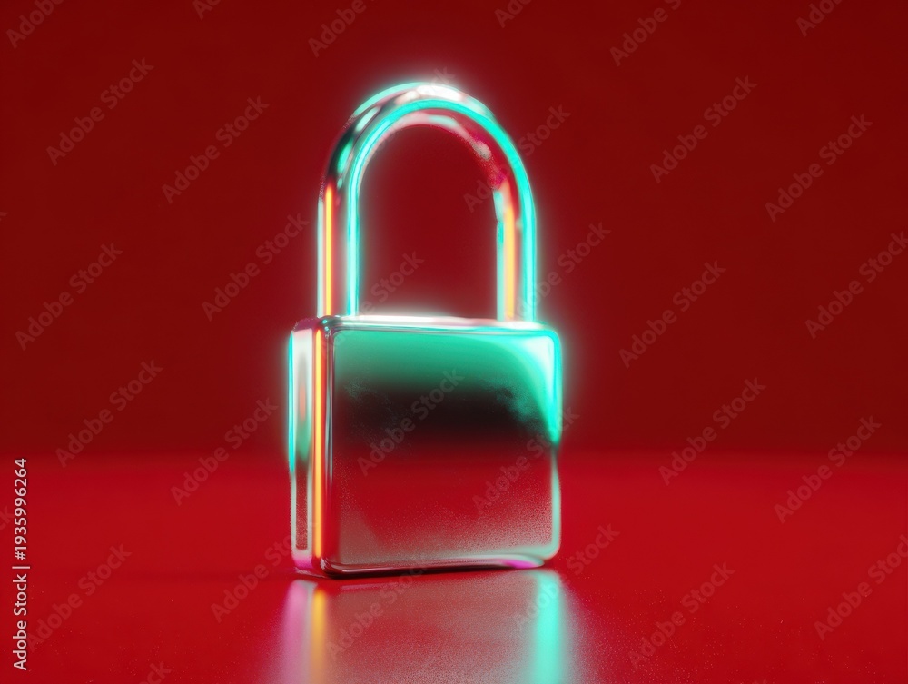 Fototapeta premium glowing cyan cybersecurity padlock isolated on a red background