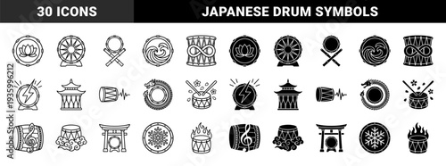 Japanese Taiko drum hybrid symbol set featuring traditional percussion instruments merged with lotus flowers wave patterns dragon scales and zen motifs