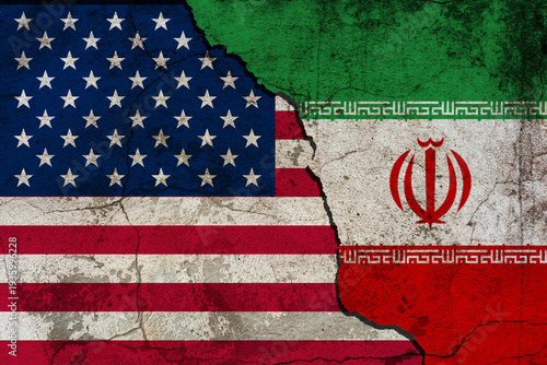 USA and Iran flag together on a cracked wall. Iran and United States of America diplomatic relations. War 2026. Tension between the United States and Iran. USA vs Iran conflict. Iranian and American f
