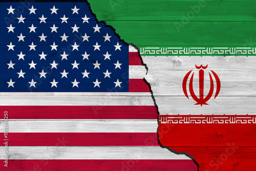 Obraz na płótnie USA and Iran flag together on a cracked wall