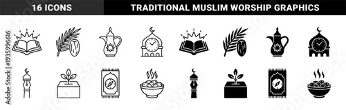 Islamic Ramadan symbols featuring hybrid designs of a Quran with sunburst a mosque clock and a prayer rug with a compass in outline and solid styles