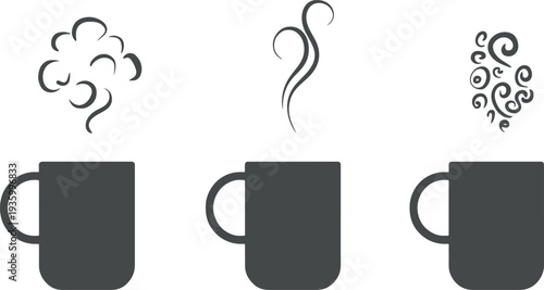 Hot Coffee Mug Icons with Steam Clouds, Tea Cup Vector Elements Collection