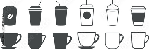 Coffee Cup Icons Set, Takeaway Paper Cups and Ceramic Mugs Vector Bundle