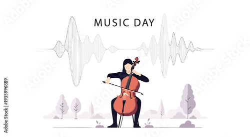 Music Day vector illustration of a woman playing cello