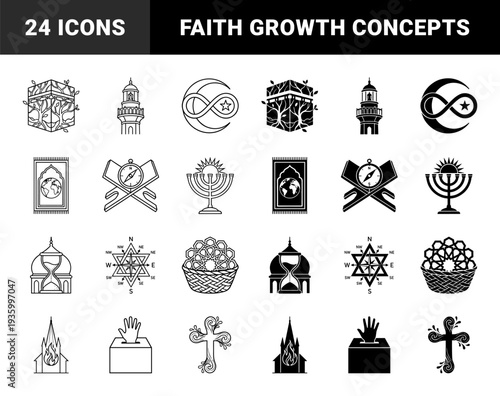 Faith and spirituality hybrid concept symbols merging religious architecture with natural growth and global unity elements in line and solid style